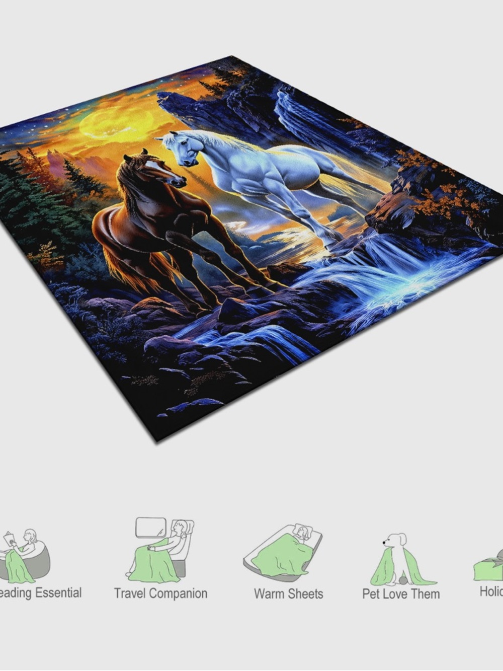 Mystic Horse Scenic Throw Blanket - Blue & Brown Horses - Picture 3 of 5